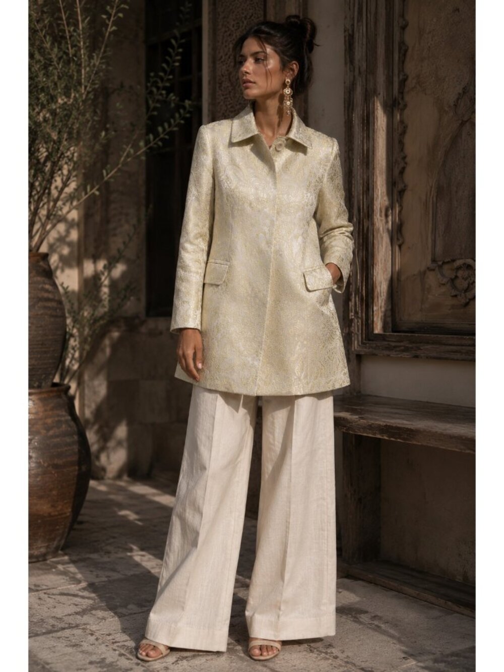 Banana Republic Silk Blend Metallic Paisley Brocade Coat Jacket XS Gold Ivory
